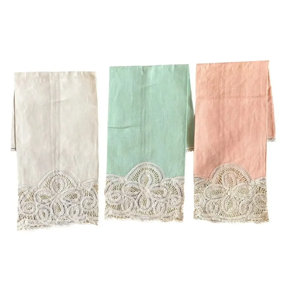 Antique Set of 3 Tape Lace Dinner Napkins Cotton Pastel Green Pink White 17
